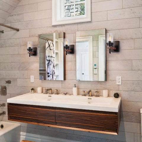 Bathroom with Rustic Wall Light Sconce With Seeded Glass Shade And Vintage Edison Bulb Look, Metal And Wood Wall Lamp Fixture