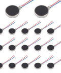 17-pack 10x3mm Mini Vibration Motors Pack, 3V DC Coin Button Type Micro Vibe Motors with two wires, flat coin shaped, in rows
