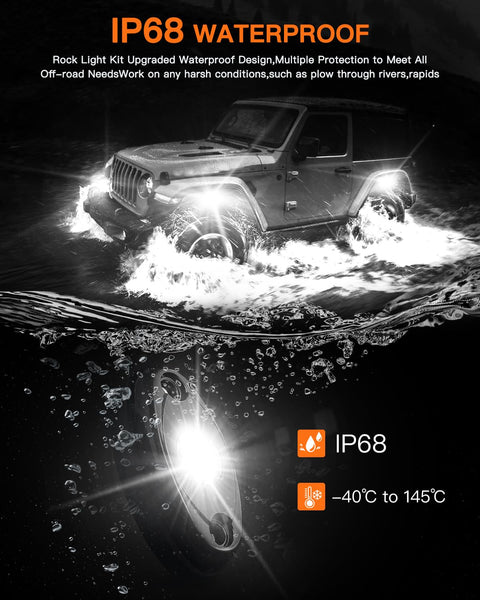 Pure White LED Rock Lights Kit With Rocker Switch Harness 12 High Power Underbody Lights For Trucks ATV UTV SUV Off Road Underglow Trail Rig Lighting Waterproof shown in action crossing water with brightness display.