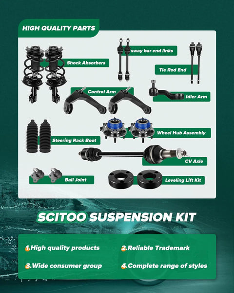 SCITOO 12‑pc front suspension kit for Toyota Corolla; includes control arms, ball joints, tie rods, sway bar links