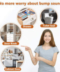 Woman pointing at illustrations of drawer, toilet seat, door knob, and cabinet door with noise-reducing text overlay.