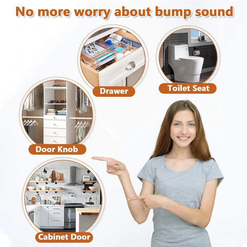 Woman pointing at illustrations of drawer, toilet seat, door knob, and cabinet door with noise-reducing text overlay.