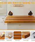 Wall-mounted 20 Inch Teak Folding Shower Seat with stainless steel frame, fold down design, suitable for small bathrooms.