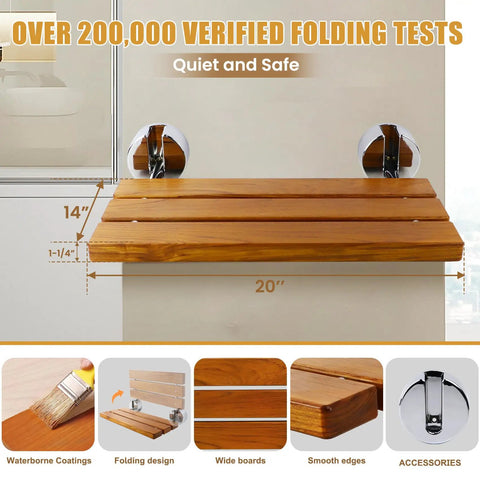 Wall-mounted 20 Inch Teak Folding Shower Seat with stainless steel frame, fold down design, suitable for small bathrooms.