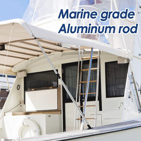 Marine-grade aluminum Bimini top rear support poles installed on a white yacht cockpit.