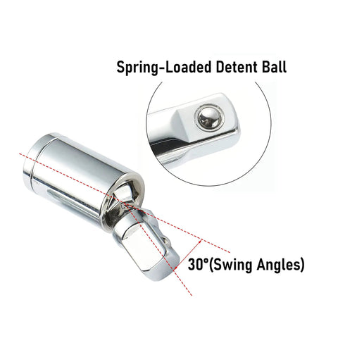 Three Eighths Inch Universal Joint Swivel Socket Adapter For Impact Socket Extensions Built Tough With 360 Degree Rotating End Chrome Vanadium Steel Rust Resistant Pro Grade 2 Pack, spring-loaded detent ball and 30° swing