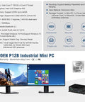 Compact Mini PC Driven By A Swift Intel Core I7 Chipset With Hefty 32GB RAM Cache And Fast 1TB Solid State Drive With Quiet Fanless Body AC WiFi Dual Ports Windows 10 Preinstalled, industrial design with dual monitor setup.