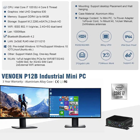 Compact Mini PC Driven By A Swift Intel Core I7 Chipset With Hefty 32GB RAM Cache And Fast 1TB Solid State Drive With Quiet Fanless Body AC WiFi Dual Ports Windows 10 Preinstalled, industrial design with dual monitor setup.