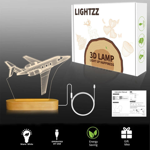 Lit 3D Airplane Illusion Night Light With Dimmable LED Wood Base, on display with box and USB cable