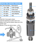 Diagram showing Injector Sleeve Cup Remover And Installer Tool Set For C10 C12 C15 C16 C18 And 3406E Diesel Engines with parts list.