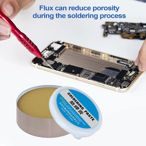 High-Performance Rosin-Style Solder Flux Paste For Electronics Repairs with phone repair in background