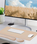 Leather Desk Pad Set With Keyboard Wrist Rest And Mouse Wrist Rest, 3 In 1 Non Slip Desk Mat For Home Office, beige color, on desk.