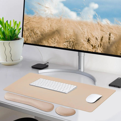 Leather Desk Pad Set With Keyboard Wrist Rest And Mouse Wrist Rest, 3 In 1 Non Slip Desk Mat For Home Office, beige color, on desk.
