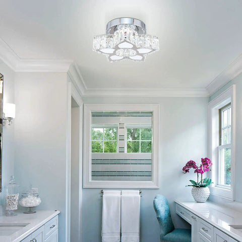 Crystal Flower Chandelier Modern LED Ceiling Light Fixture Flush Mount for Bedroom Living Room Dining Room Foyer, 29W, K9 Crystals