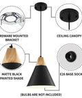 Diagram showing hardware, canopy, matte black shade, and E26 socket of Dope Black Pendant Light Two Pack 9.4 Inch Farmhouse Modern Lighting.