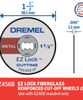 Front view of Dremel EZ456B EZ Lock metal cut-off wheels, fiberglass reinforced, 1.5-inch diameter, 12 pieces.