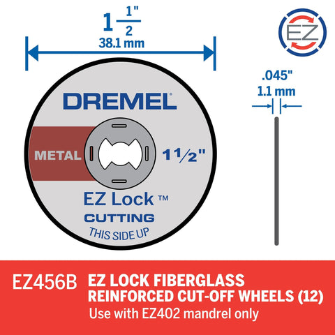 Front view of Dremel EZ456B EZ Lock metal cut-off wheels, fiberglass reinforced, 1.5-inch diameter, 12 pieces.