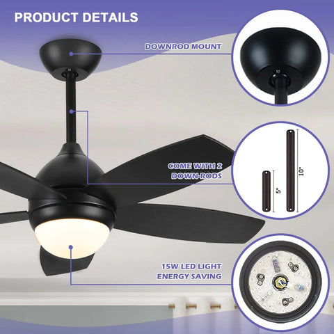 Coal Black DC Motor Ceiling Fan With Lights, Dope 42 Inch, showing downrod mount and energy-saving LED details