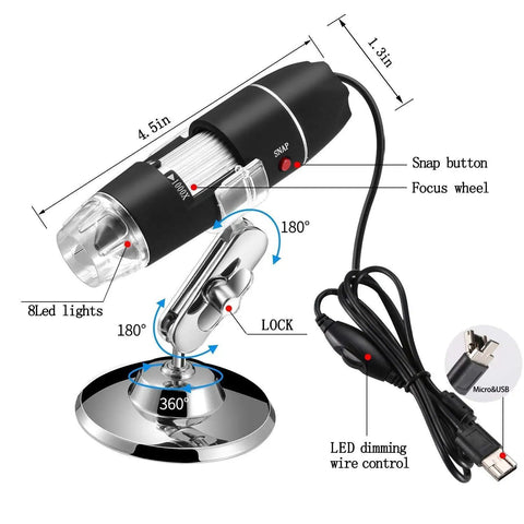 40x To 1000x Magnification Endoscope With 8 LED Handy USB 2.0 Digital Microscope, Mini Camera With OTG Adapter And Metal Stand, Compatible With Mac Windows Linux Chrome Android Not For iPhone iPad, with adjustable metal stand and USB cable