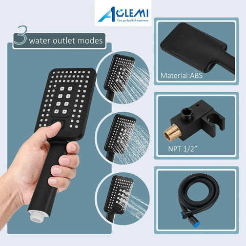 Matte Black 8 Inch Rainfall Shower System With Three Function Shower Head And ABS Handheld Spray Luxury Rough In Valve And Trim Included Wall Mount Shower Mixer Faucet For Modern Bathroom Renovation showcasing ABS handheld spray with three water modes and installation components.
