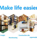 Collage showing freight, warehousing, construction site, and supermarket with 'Make life easier' text at the top.