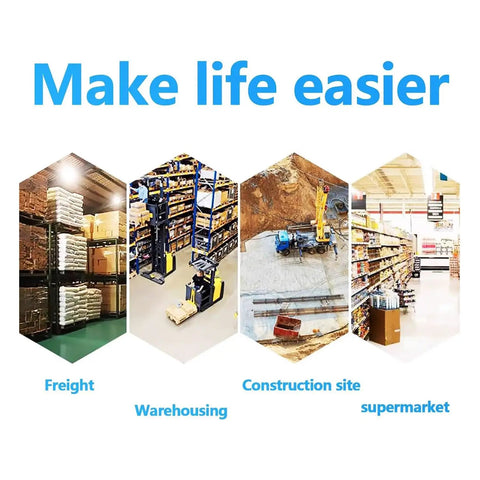 Collage showing freight, warehousing, construction site, and supermarket with 'Make life easier' text at the top.