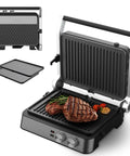 4 Slice Panini Press Contact Grill With Removable Non Stick Coated Plates Temperature Control Timer And Open 180 Degree Design For Cooking Sandwiches Steaks Sausages Quesadillas Half Black Stainless Steel Finish with grilled meat.