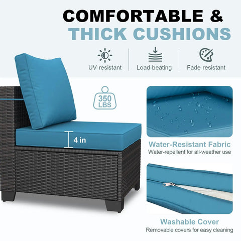 Chill 7 Piece Outdoor Patio Sectional Wicker Set With Waterproof Cushions, showing peacock blue cushion, UV-resistant, water-repellent.