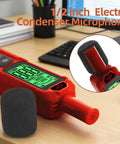 Real Talk Noise Meter For Home, Workshop And Studio Use With 30 To 130 dB Range, A Weighted Sound Profile, Clear LCD Backlit Display, Max Min Data Retention, Auto Power Off, 1.5 dB Accuracy, Super Easy Read, And User Friendly, red handheld sound meter with foam microphone cover