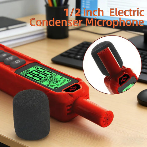 Real Talk Noise Meter For Home, Workshop And Studio Use With 30 To 130 dB Range, A Weighted Sound Profile, Clear LCD Backlit Display, Max Min Data Retention, Auto Power Off, 1.5 dB Accuracy, Super Easy Read, And User Friendly, red handheld sound meter with foam microphone cover