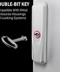 Heavy Duty Double Bit Enclosure Key Compatible With Rittal Cabinets Built Like A Tank For Rock Solid Performance No Fuss, shown in chrome finish.