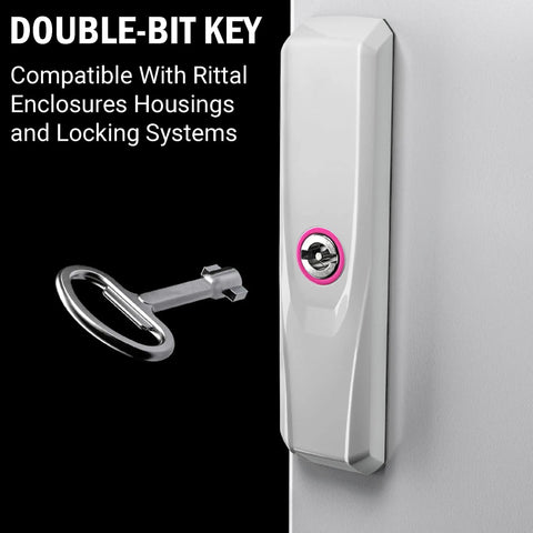 Heavy Duty Double Bit Enclosure Key Compatible With Rittal Cabinets Built Like A Tank For Rock Solid Performance No Fuss, shown in chrome finish.