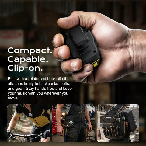 Close-up of Wearable Bluetooth V5.3 Clip-On Speaker With 30 Hour Battery Life in hand, highlighting clip-on feature and compact size.