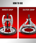 Three-Jaw Gear Puller Kit With 3 4 6 Inch Draws Reversible Jaws Carbon Steel Construction demonstrating inner and outer grip
