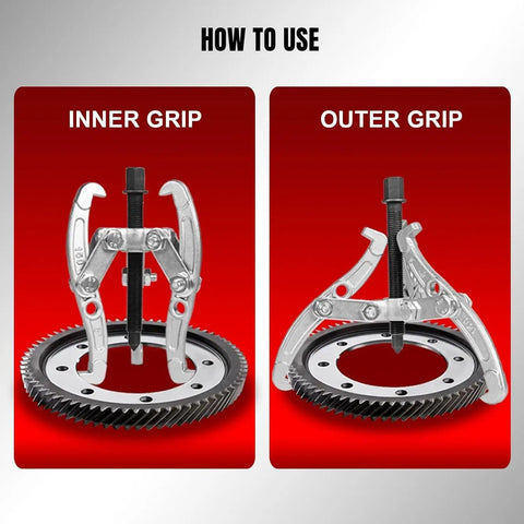 Three-Jaw Gear Puller Kit With 3 4 6 Inch Draws Reversible Jaws Carbon Steel Construction demonstrating inner and outer grip