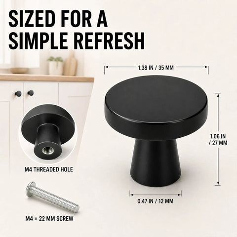 Rock Solid Matte Black Cabinet Knobs 20 Pack Round Zinc Alloy Drawer Handles single hole mount shown with dimensions and M4 screw.