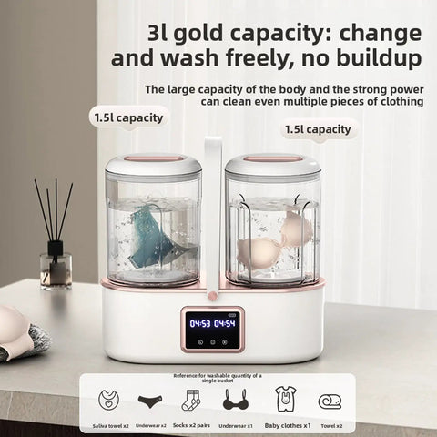 Portable Cordless Underwear Washing Machine With Built In 4000 Mah Battery For Ultrasonic Scrubbing Kicking Laundry Stress To Curb For Road Warriors Lazy Dorm Hotel Rv Vans And Weekend Getaways, with dual 1.5L tubs.