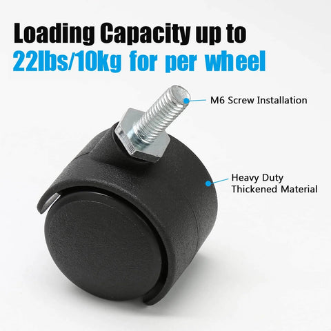 Close-up of 1 inch black swivel caster wheel with M6 threaded stem, showing heavy-duty nylon construction for furniture tables cabinets.
