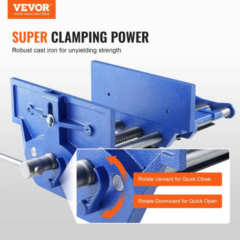 Beast Mode Heavy Duty Cast Iron Workbench Vise With Quick Release Lever 13 Inch showing blue iron frame and quick release mechanism.