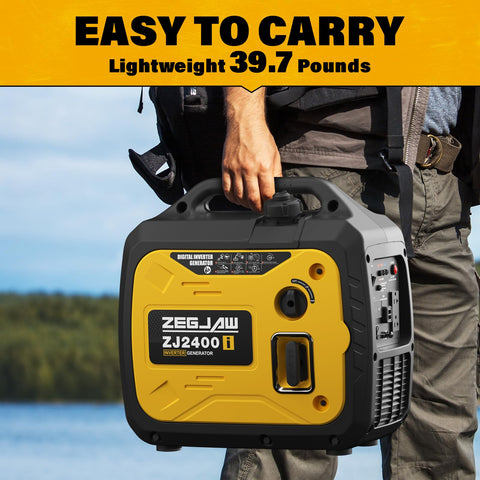 Person carrying 2400-Watt Portable Inverter Generator For Home Use With EPA Compliant Gas Power, Lightweight Design