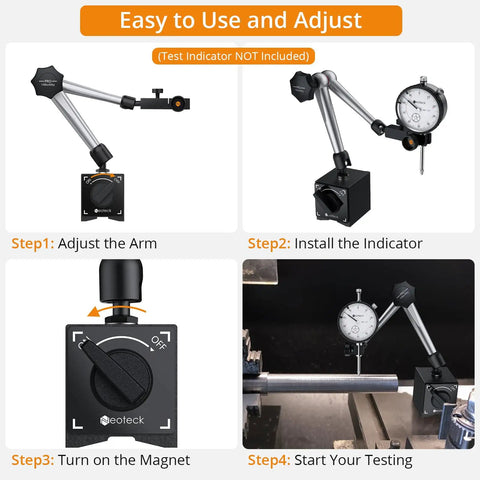 Magnetic base stand for digital dial indicator gauge in workshop steps showing arm adjustment, indicator installation, and magnet control.