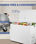 Hands-free opening of Roomy 14 Cubic Foot Top Load Chest Freezer With Drop Dead Cold Seven Level Temp Dial and smooth rolling wheels.