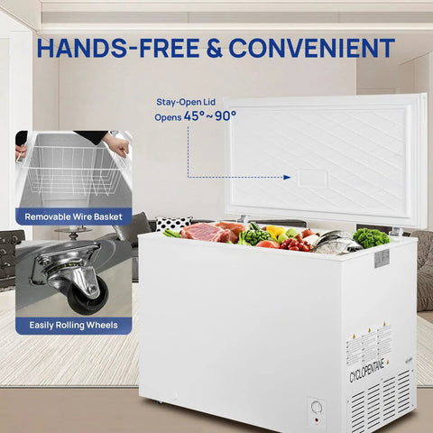 Hands-free opening of Roomy 14 Cubic Foot Top Load Chest Freezer With Drop Dead Cold Seven Level Temp Dial and smooth rolling wheels.