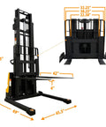 Heavy Duty Fully Electric Wide Leg Pallet Stacker With 3307 Pound Load Capacity And 130 Inch Lift Height featuring detailed dimensions and sturdy design.