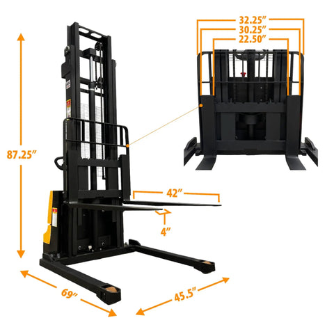 Heavy Duty Fully Electric Wide Leg Pallet Stacker With 3307 Pound Load Capacity And 130 Inch Lift Height featuring detailed dimensions and sturdy design.
