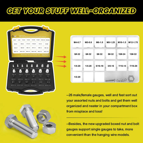 Nut And Bolt Thread Gauge Set With 14 Inch And 12 Metric Sizes in foam tray displaying gauges and bolts for quick detection.