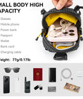 Backpack Strap Phone Pouch Ultra Lightweight Waterproof Phone Pocket showing contents like phone, earphones, and power bank.