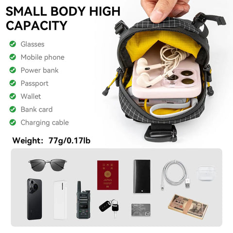 Backpack Strap Phone Pouch Ultra Lightweight Waterproof Phone Pocket showing contents like phone, earphones, and power bank.