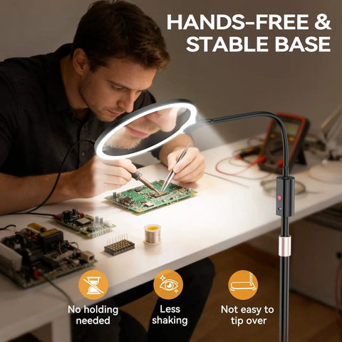 Man using 10X Magnification LED Lighted Magnifier With Stand And 7 Inch Lens For Reading And Detail Work, Cross Stitch And Crafts.