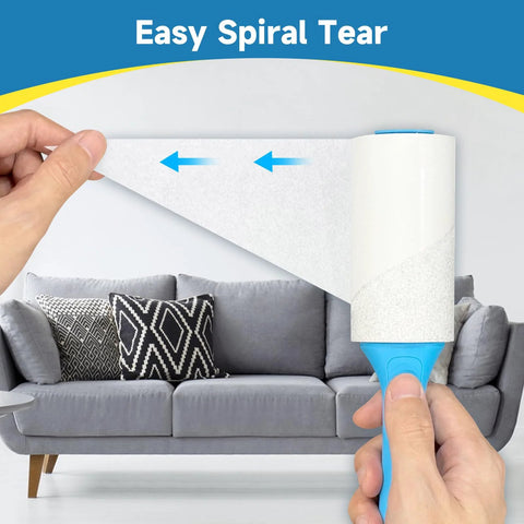 Extra Sticky Lint Roller With 600 Sheets, Easy Spiral Tear For Effortless Sheet Removal, shown in use near a sofa